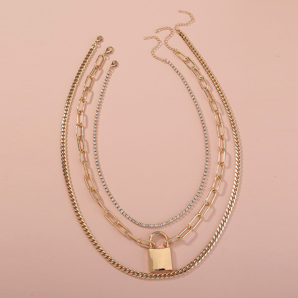 European and American cross-border jewelry Fashion street style lattice chain lock necklace gift rhinestone claw chain multi-layer chain