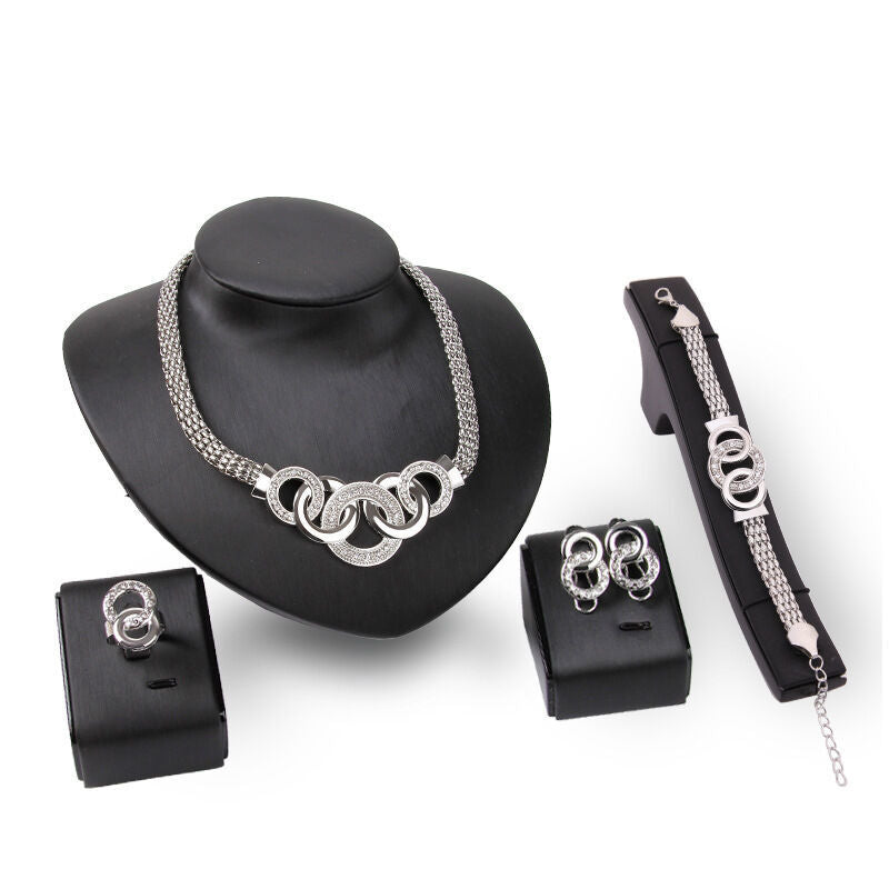 European and American Style 18K Plated Jewelry Set: Necklace, Earrings, Bracelet, and Ring (Four-Piece Set)