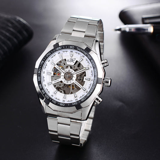 Fashionable High-End Hollow Mechanical Watch for Men with Steel Band