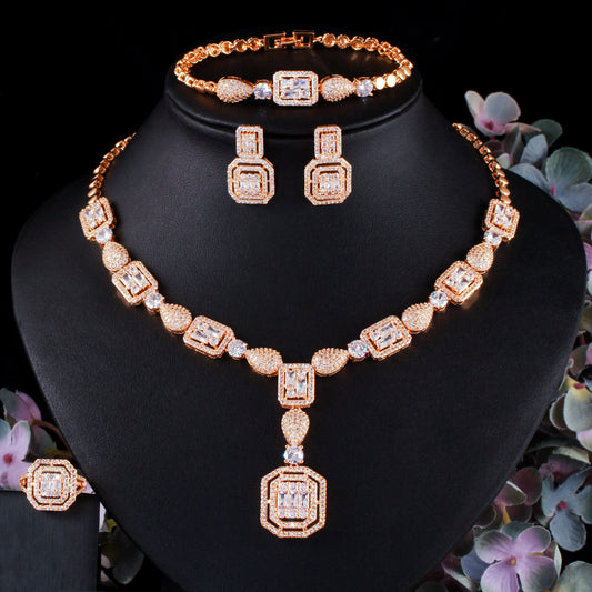 Zircon Four-Piece Jewelry Set: Necklace, Earrings, Ring, and Bracelet