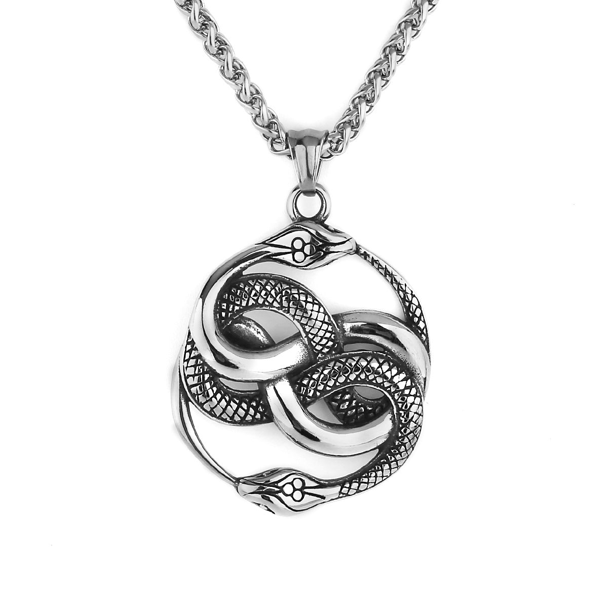 Mens Fashion Double Snake Staff Pendant Necklace