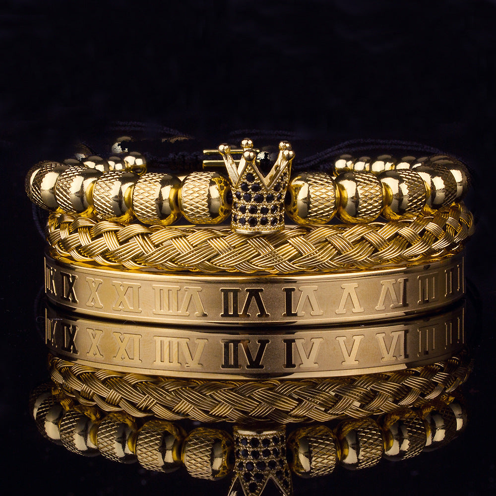 Handmade Stainless Steel Crown Bead Bracelet 3- Piece Set - Unique Design for Both Men and Women